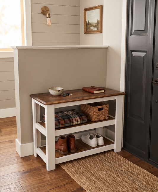 White Entryway Shoe Bench with Storage, Wood Seat Hallway Organizer, Custom Stain Colors